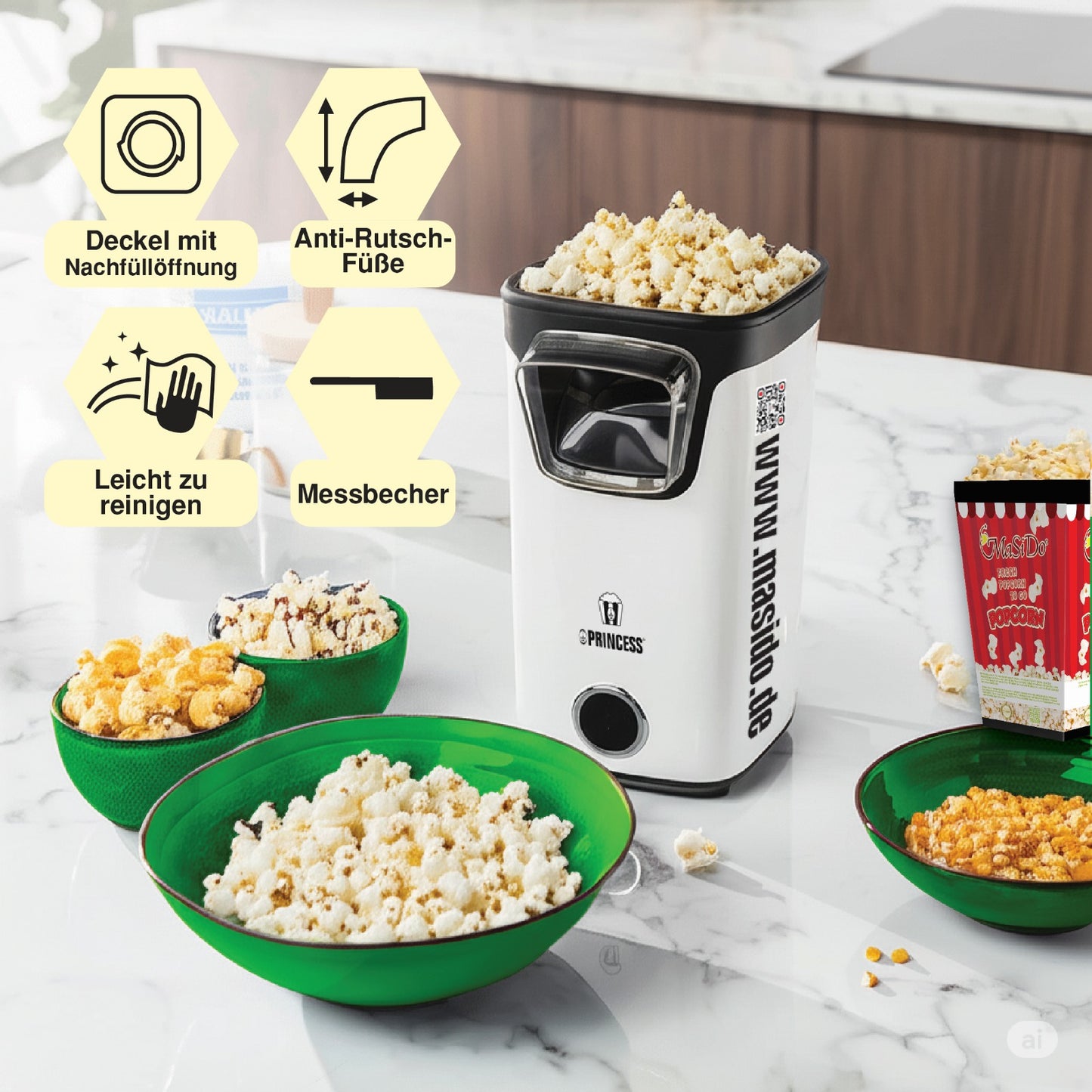 Popcorn-Maschine Kombi-Set – inkl. süßer & salziger Popcorn-Mais aus Deutschland + Becher | MaSiDo