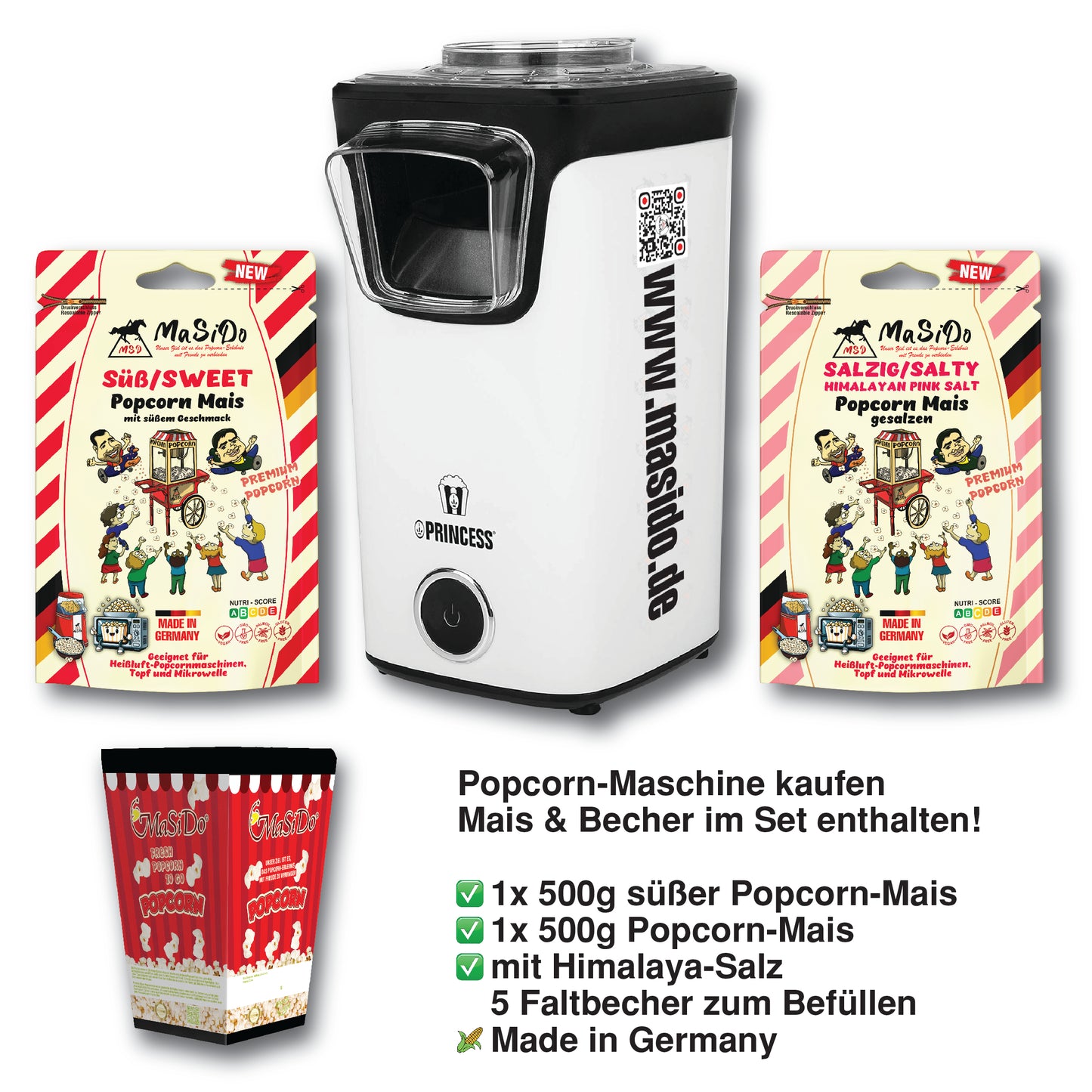 Popcorn-Maschine Kombi-Set – inkl. süßer & salziger Popcorn-Mais aus Deutschland + Becher | MaSiDo