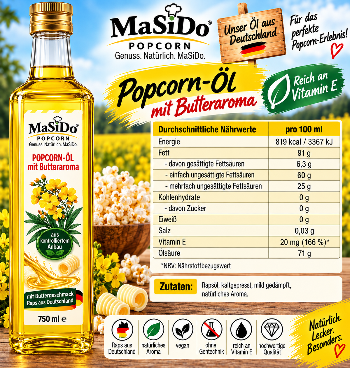 MaSiDo Popcorn-Öl mit Butteraroma 750 ml