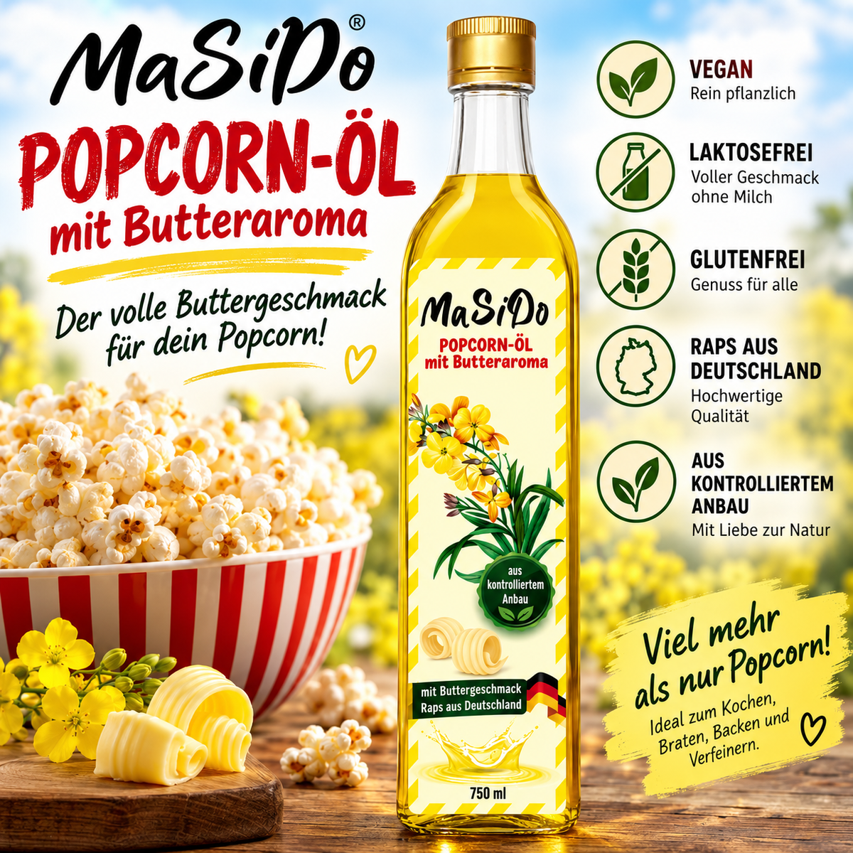 MaSiDo Popcorn-Öl mit Butteraroma 750 ml