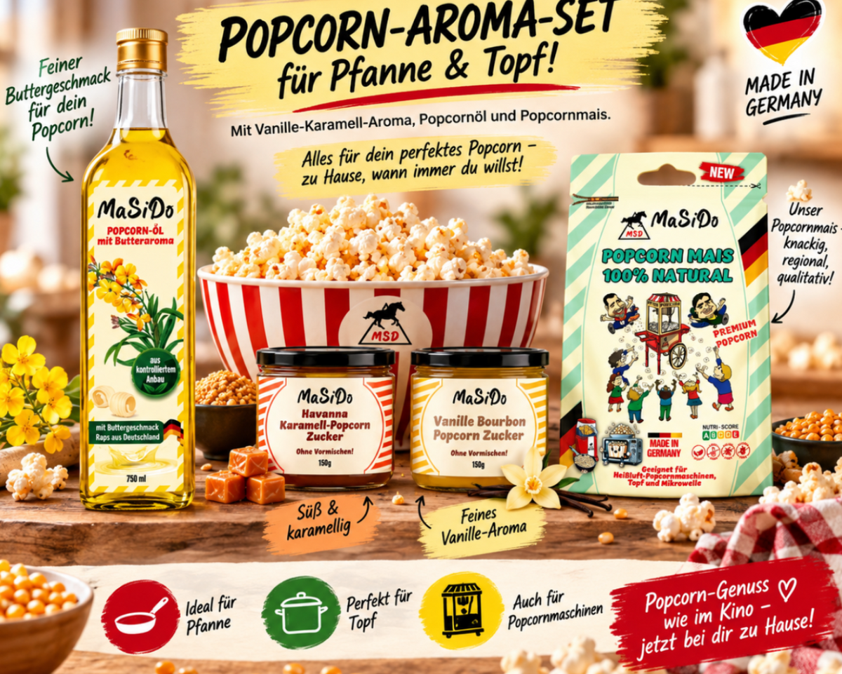 MaSiDo Popcorn Partymix – Popcorn-Mais, Popcorn-Öl, Vanille- & Karamell-Aroma-Zucker