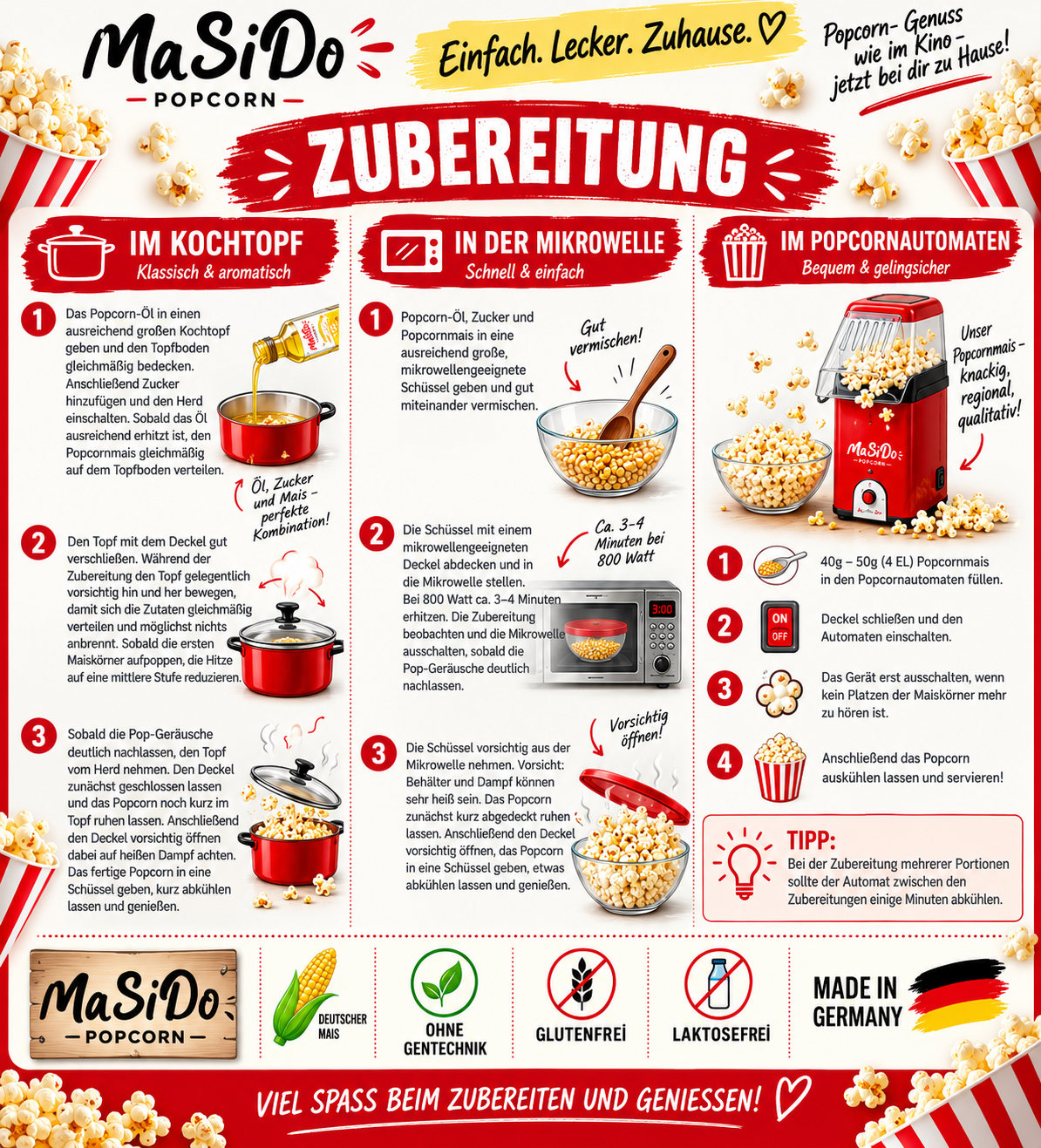 Popcorn-Maschine Kombi-Set – inkl. süßer & salziger Premium Popcorn-Mais aus Deutschland + Becher | MaSiDo