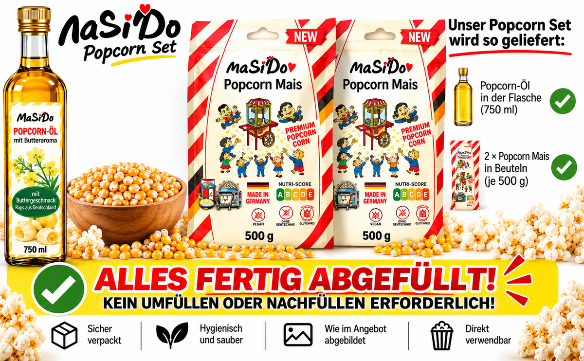 MaSiDo Popcorn Partymix – Popcorn-Mais, Popcorn-Öl, Vanille- & Karamell-Aroma-Zucker
