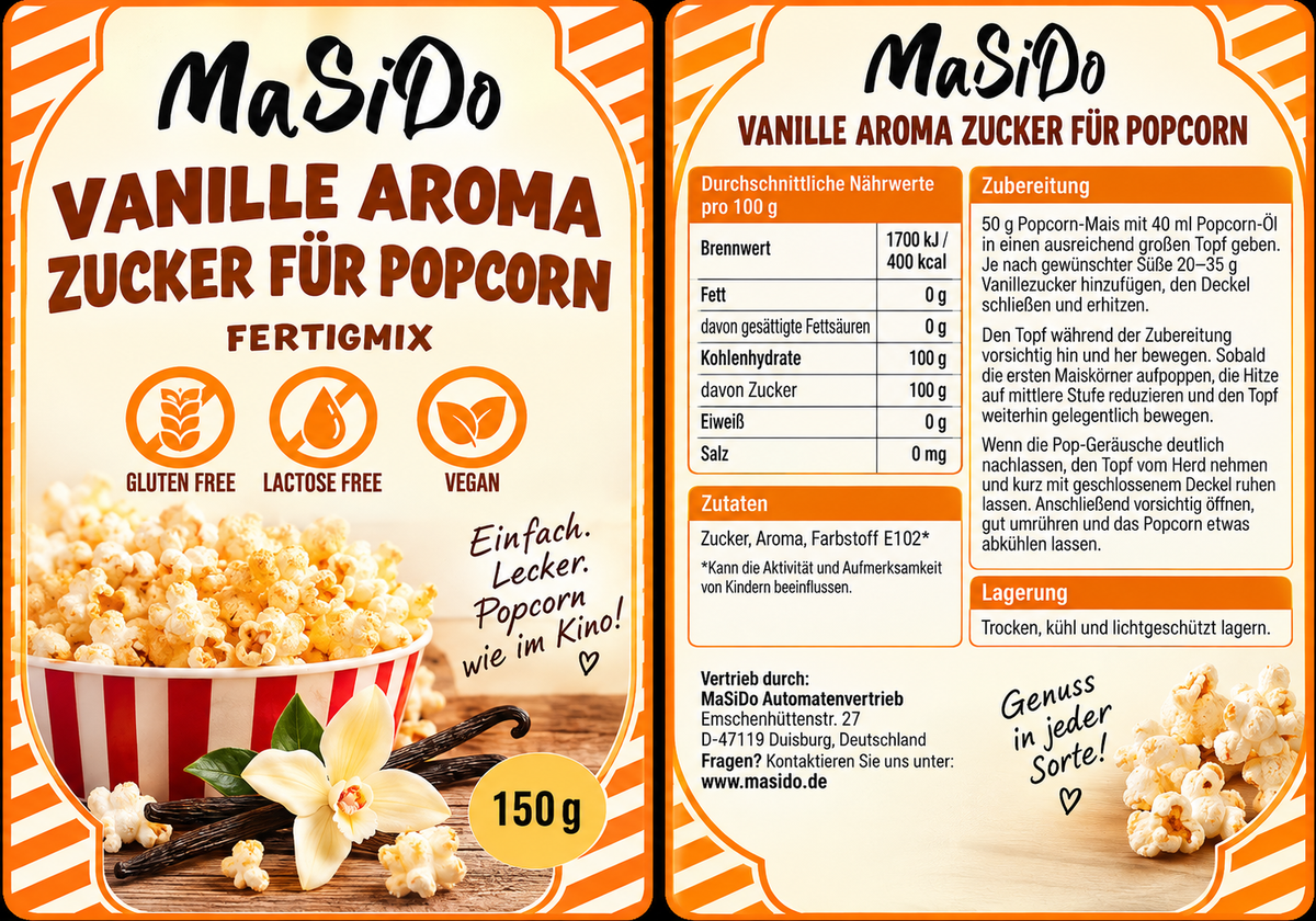MaSiDo Popcorn Partymix – Popcorn-Mais, Popcorn-Öl, Vanille- & Karamell-Aroma-Zucker
