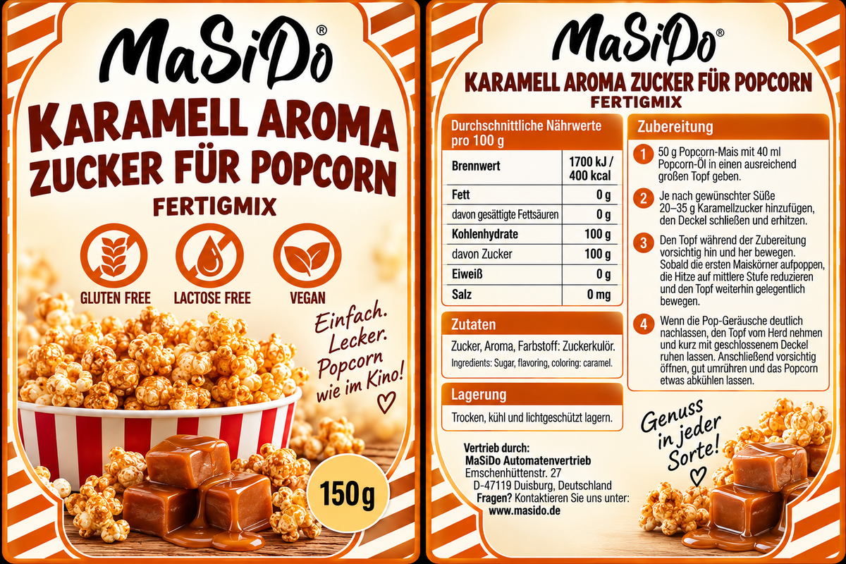 MaSiDo Popcorn Partymix – Popcorn-Mais, Popcorn-Öl, Vanille- & Karamell-Aroma-Zucker