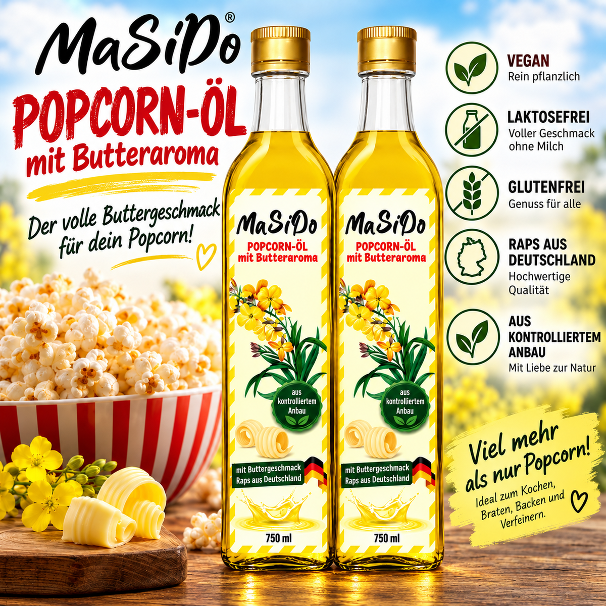 MaSiDo Popcorn-Öl mit Butteraroma 750 ml