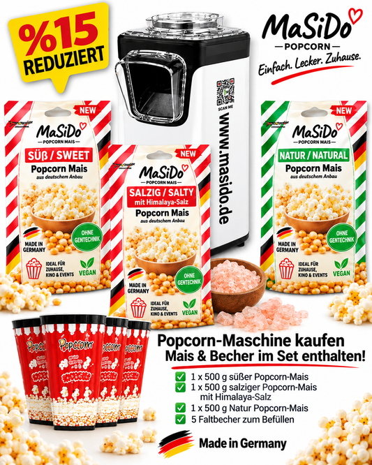 Popcorn-Maschine Kombi-Set – inkl. süßer & salziger Premium Popcorn-Mais aus Deutschland + Becher | MaSiDo