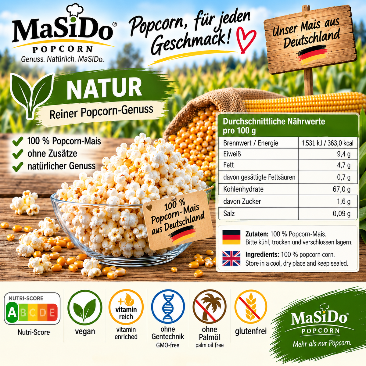 MaSiDo Popcorn Partymix – Popcorn-Mais, Popcorn-Öl, Vanille- & Karamell-Aroma-Zucker