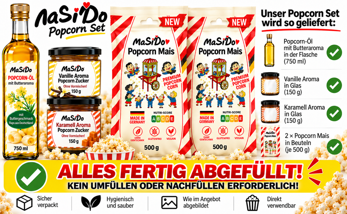 MaSiDo Popcorn Partymix – Popcorn-Mais, Popcorn-Öl, Vanille- & Karamell-Aroma-Zucker