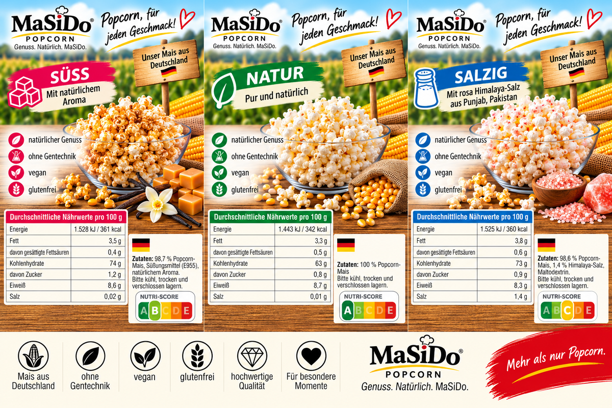 Popcorn-Maschine Kombi-Set – inkl. süßer & salziger Premium Popcorn-Mais aus Deutschland + Becher | MaSiDo
