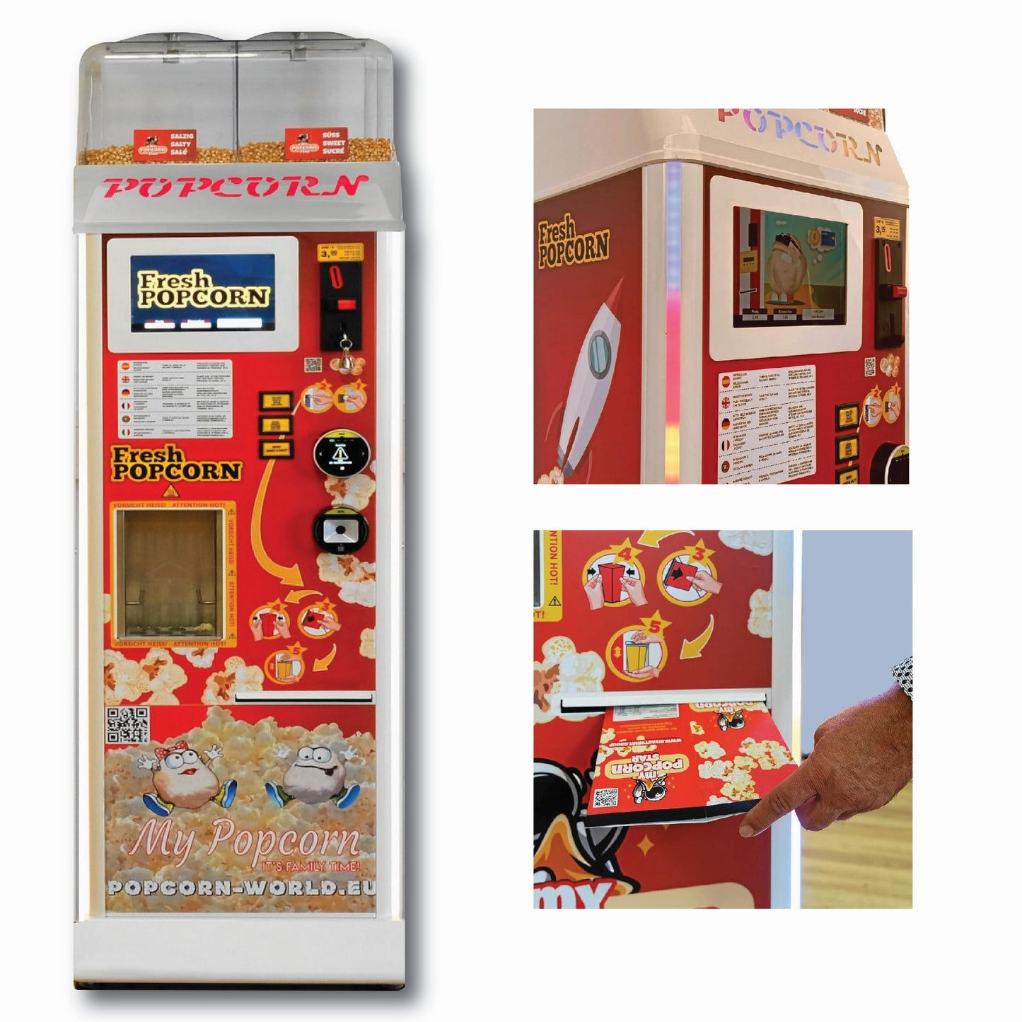 MyPopcorn Star - für 2 Sorten Popcorn + Mix (Mod. 140 EU) aus Edelstahl, Inklusive Halbmond Bildschirm, Nayax Onyx & DOT (QR Scanner) & Telemetrie-Kit- Auf Anfrage
