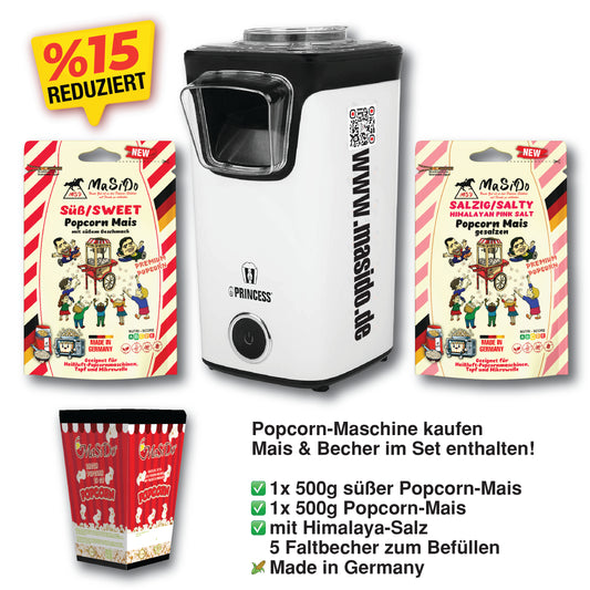 Popcorn-Maschine Kombi-Set – inkl. süßer & salziger Popcorn-Mais aus Deutschland + Becher | MaSiDo